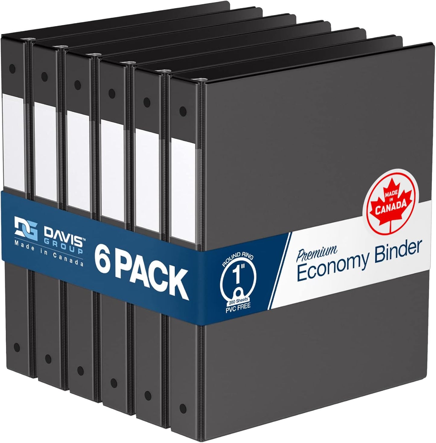 Premium Economy 3-Ring Binder, Spine Label, 1" Round Rings, Black, 6 Pack