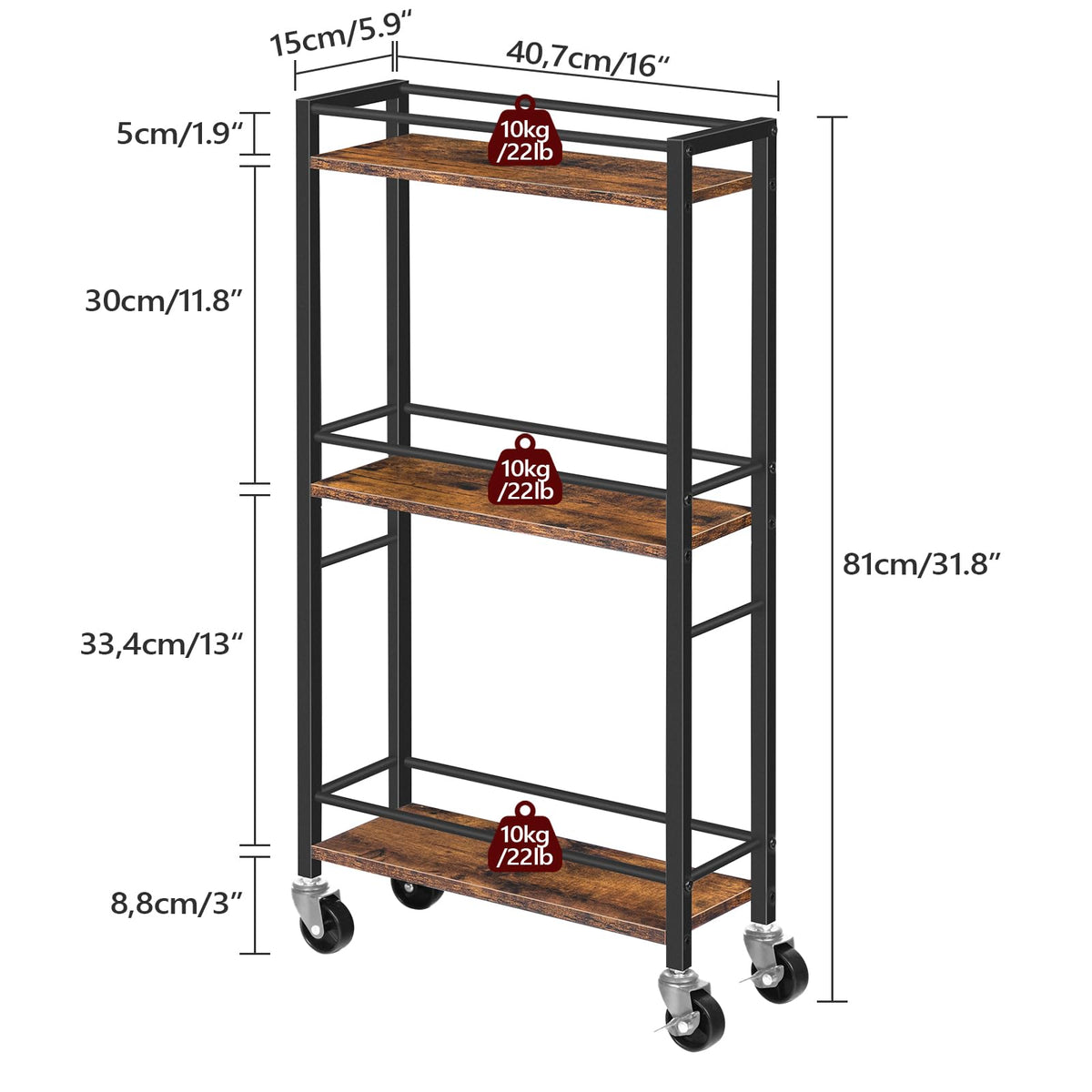 MAHANCRIS Slim Rolling Cart, Mobile Kitchen Cart on Wheels, Narrow Storage Cart for Small Space