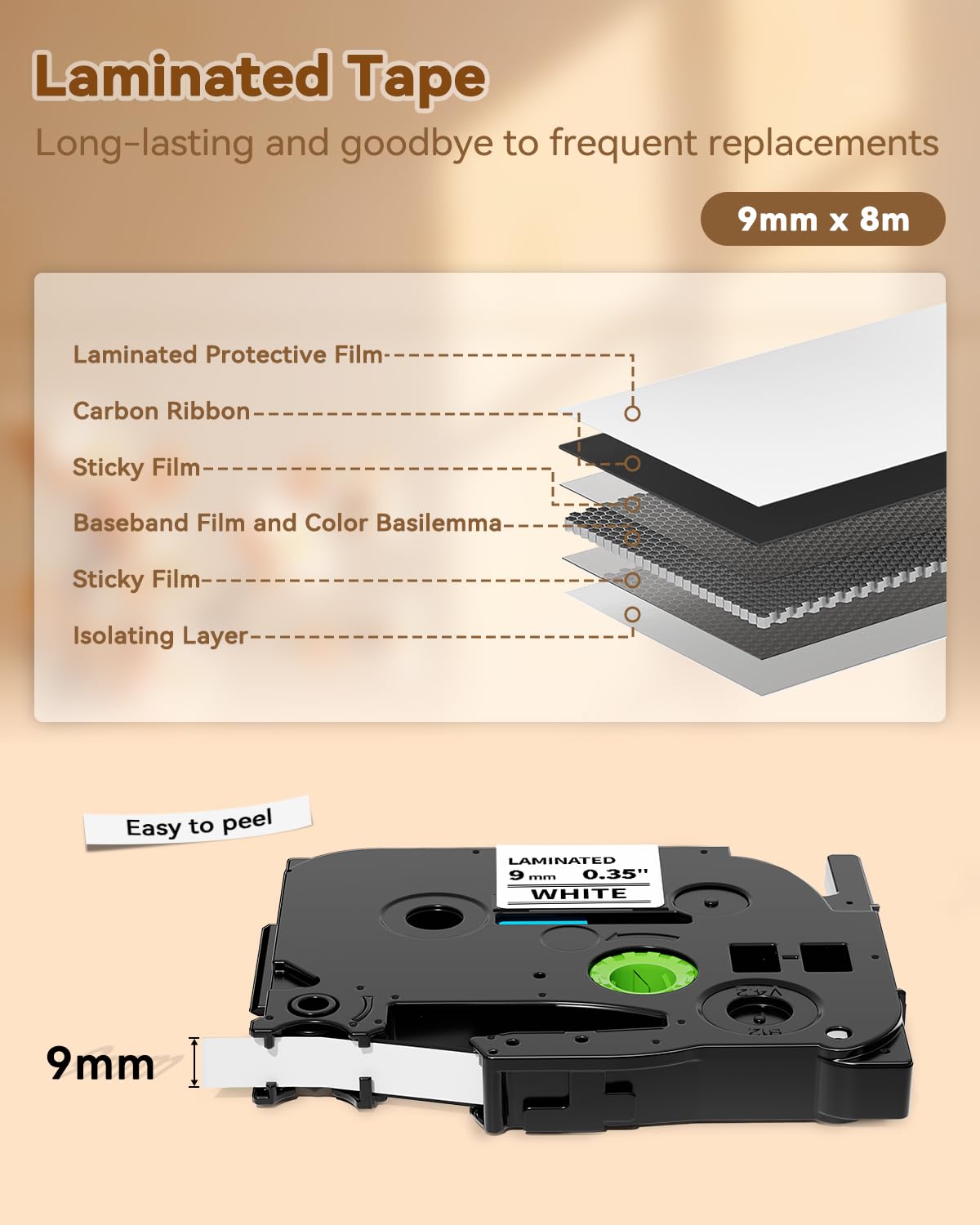 TZe-221 TZe221 Replacement for Brother TZe TZ Tape 9mm 0.35 Laminated White