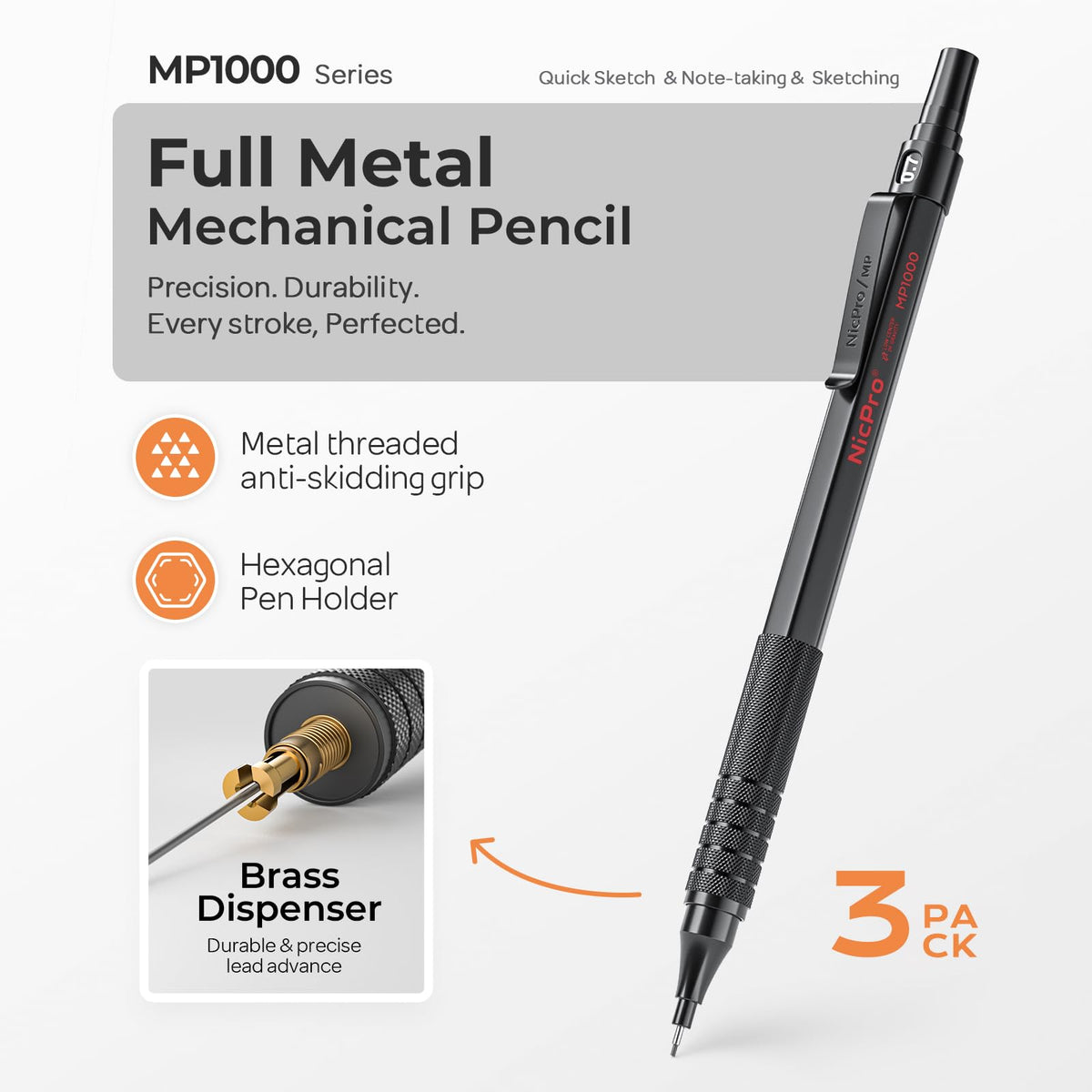 Nicpro 0.5 & 0.7 & 0.9 mm Metal Mechanical Pencil Set with Case-6 Pack