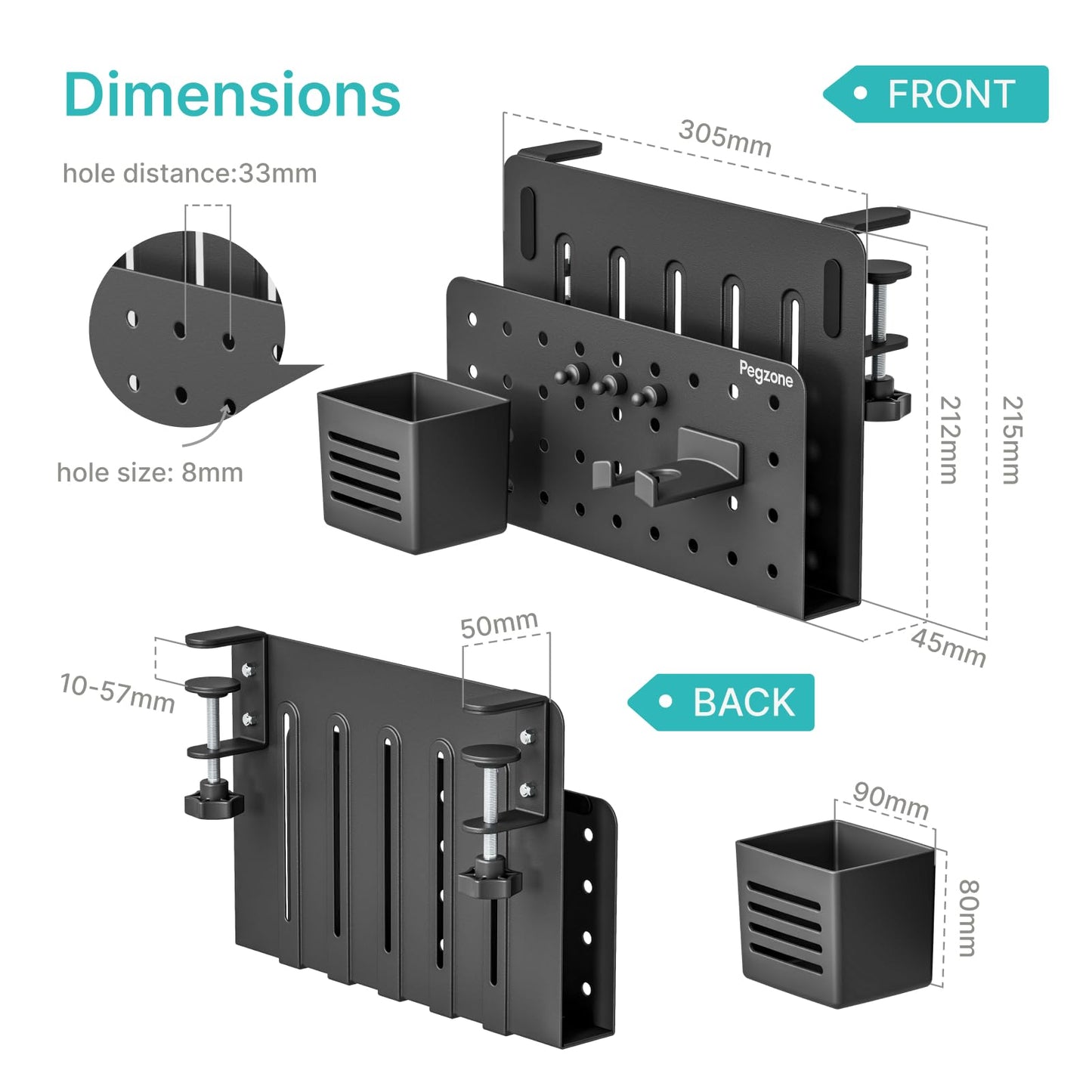 PEGZONE Desk Side Storage Organizer, Fits Flat Edge 0.4" to 2.2", Black