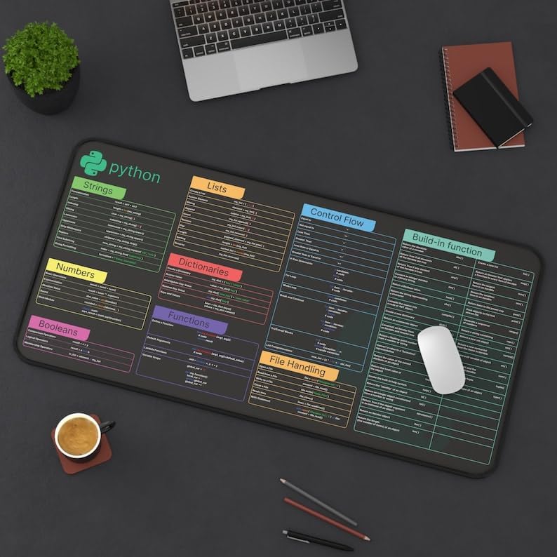 Python Cheat Sheet Desk Mat for Software Engineers, Hackers and Programmers, Quick Key, Large
