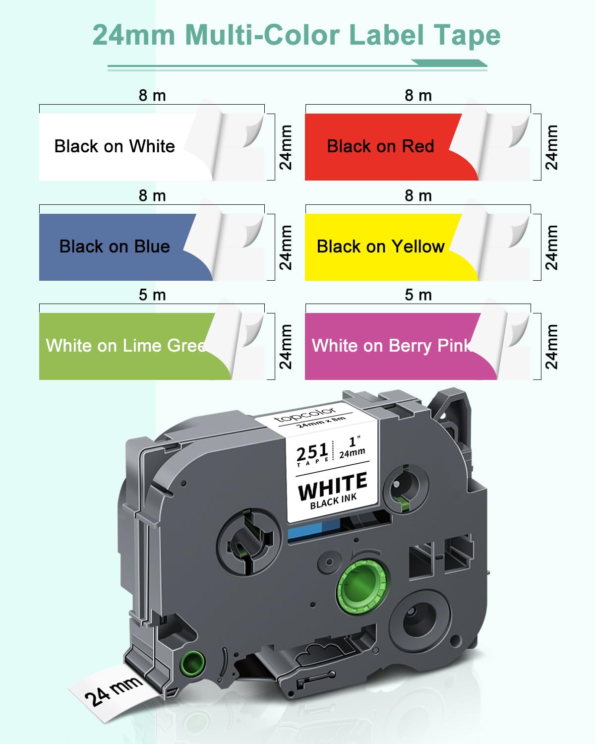 6-Pack 24mm 0.94" Label Tape Colored Compatible for Brother Tape 1 Inch