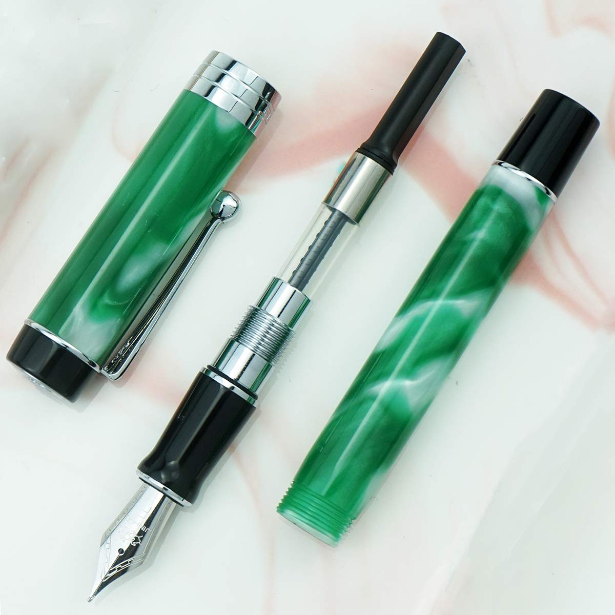 Jinhao 100 Classic Fountain Pen Green White Marble Celluloid, Medium Nib with Converter and Pen