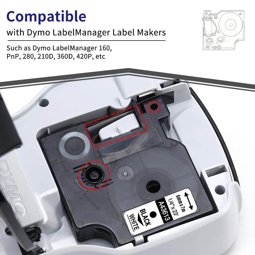 6-Pack Compatible Dymo 1/4 Inch 43613 D1 Label Tape Black on White 6mm
