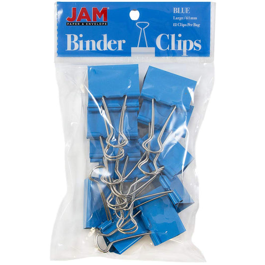 JAM PAPER Colorful Binder Clips - Large - 1 1/2 Inch (41 mm) - Blue Binderclips - 12/Pack