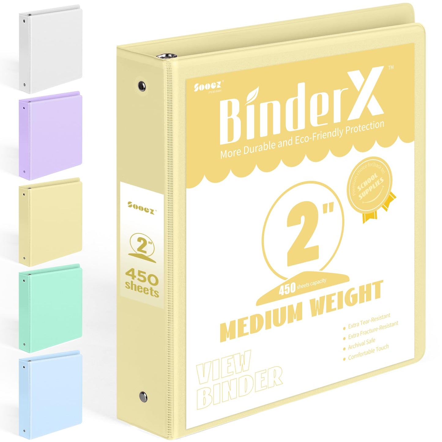 BinderX 3 Ring Binder 2 Inch, 2" Clear View Binder, Yellow, Letter / A4