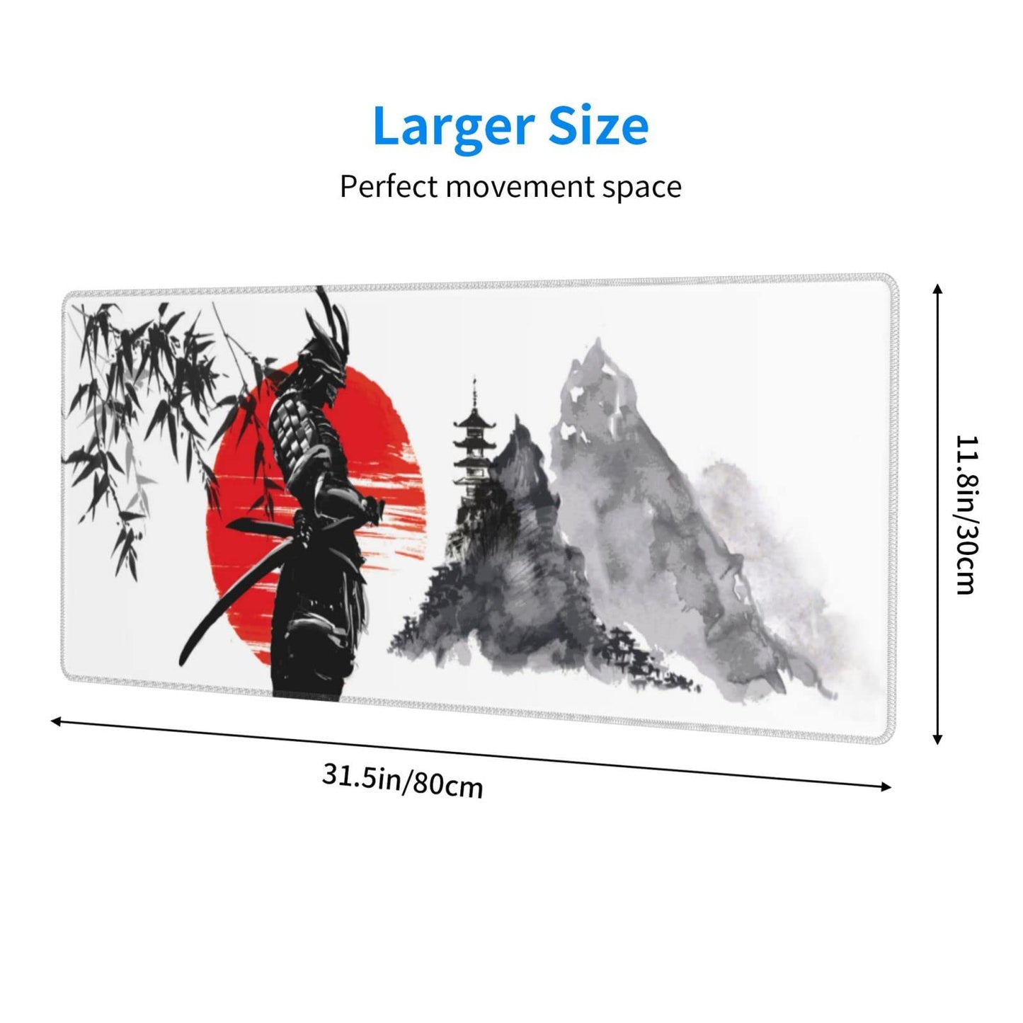 Watercolor Japanese Samurai Bushido Gaming Mouse Pad XL, Non Slip Rubber Base Mousepad, Stitched