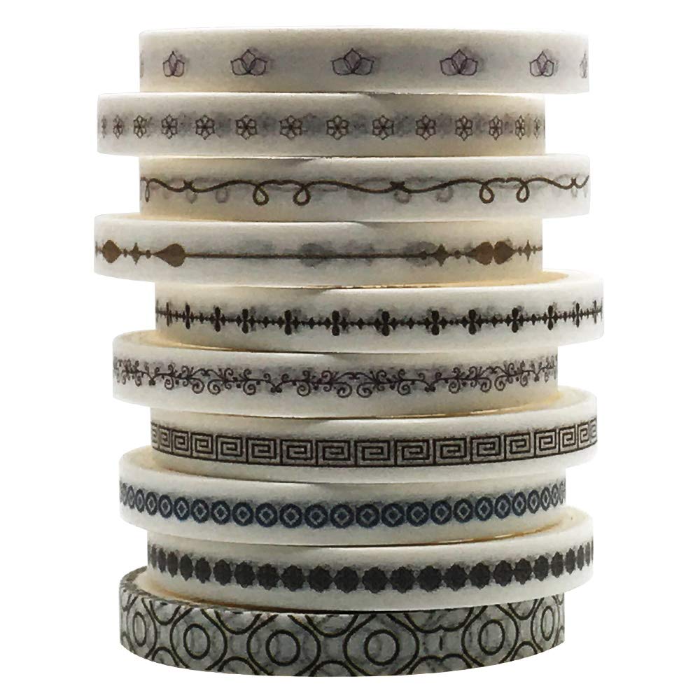 ZMLSED Vintage Pattern 5mm Wide Skinny Washi Tape Set, 10 Rolls Minimalist Japanese Masking