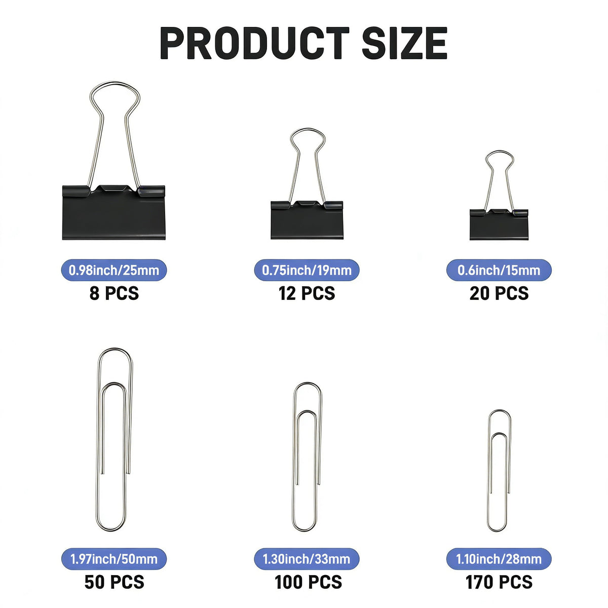 360PCS Black Assorted Size Paper Clips and Binder Clips, Paperclips Large Medium Small, Binder Clip