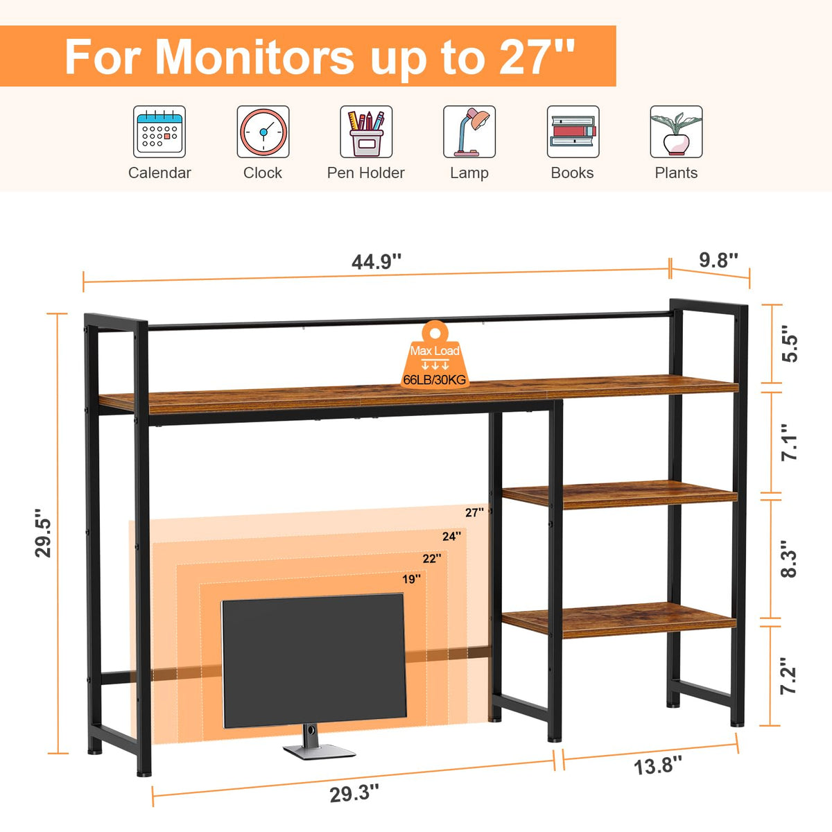 Snughome Desk Shelf, 44.9" Large Desktop Organizer Shelf, Desk Hutch for Computer Monitor, 4 Tier