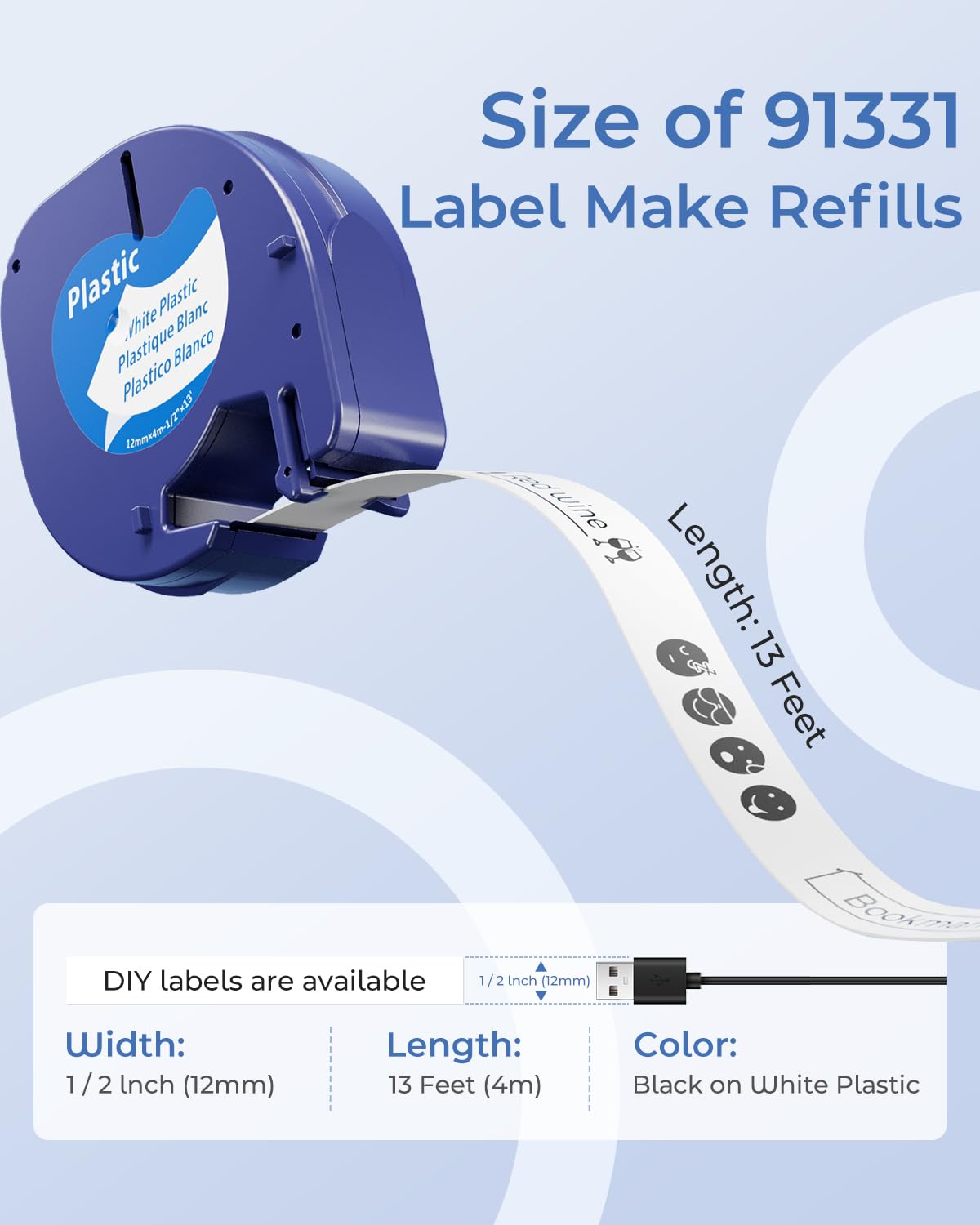 91331 Label Maker Tape Refill White Plastic Label 12mm x 4m (1/2" x 13')