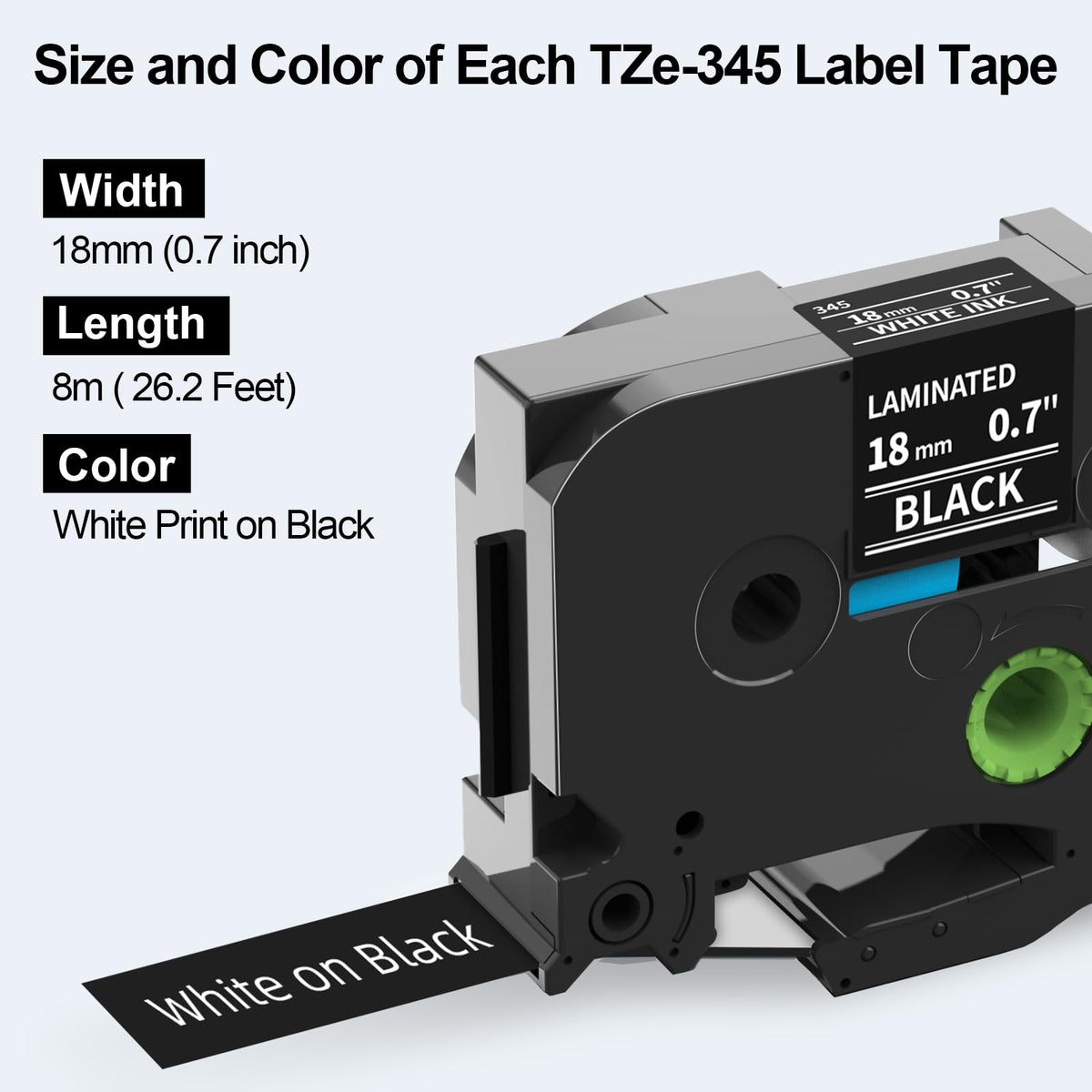 18mm Black Label Tape TZe-345 Replacement for Brother P Touch Label 0.7''