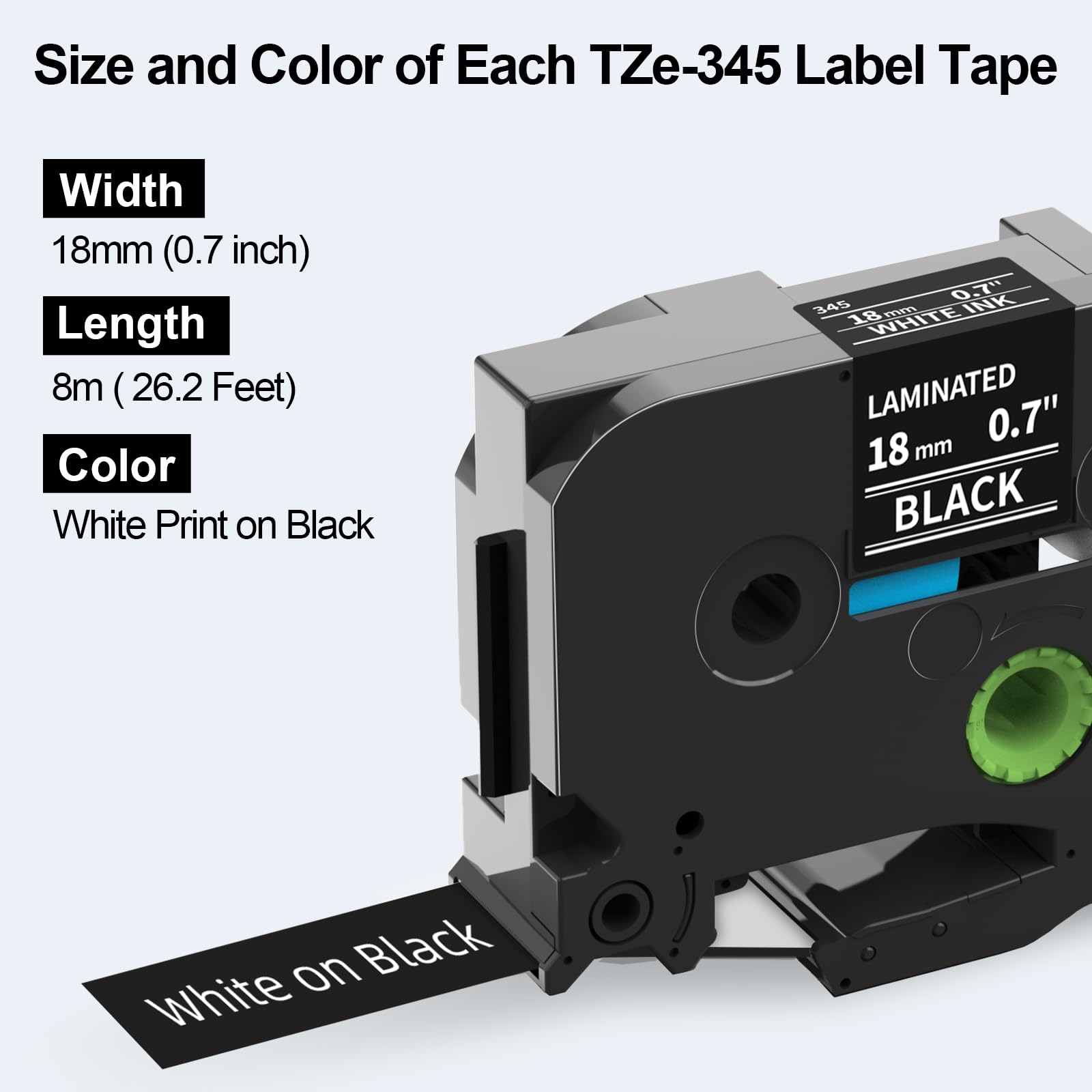 18mm Black Label Tape TZe-345 Replacement for Brother P Touch Label 0.7''