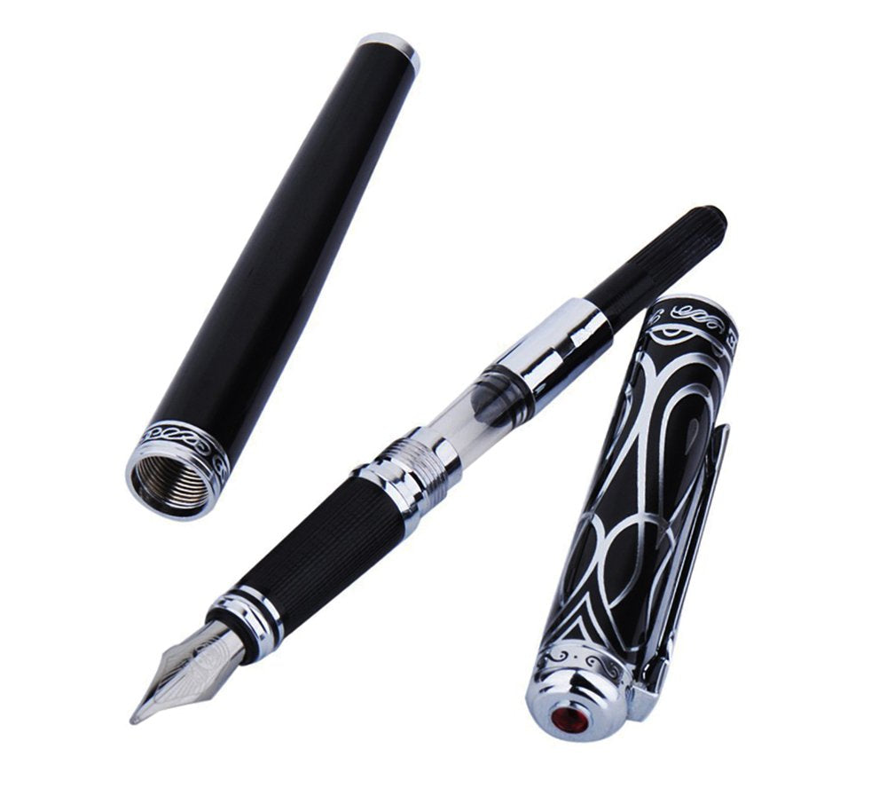 erofa Duke Ruby Fountain Pen Sliver Trim with Ink Refills Converter in Luxury Gift Box Set for