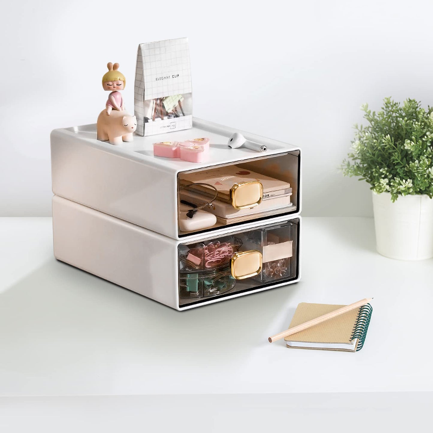 DETEIN 2 PACK Stackable Desk Organizer Stackable Storage Drawer Small Desk Organizer with Drawer