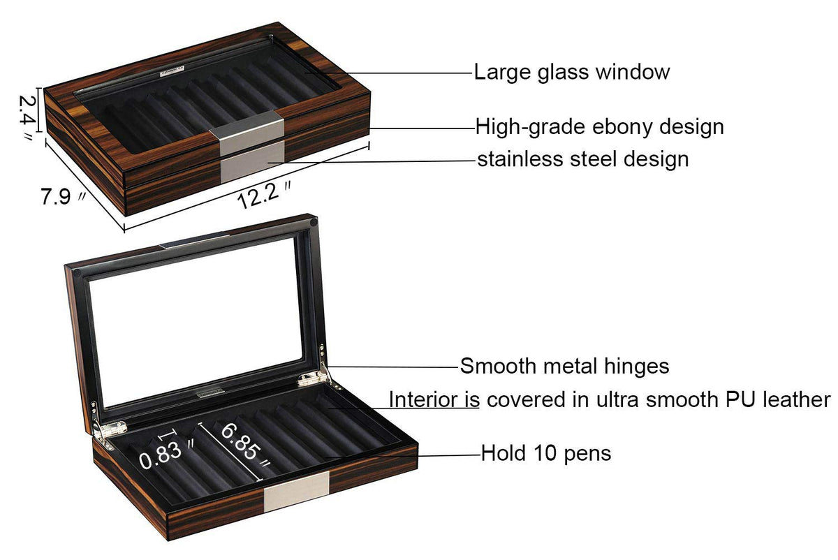 Lifomenz Co Wood Pen Box - 10 Slot Organizer With Glass Lid, Top Window Display Case for Collection