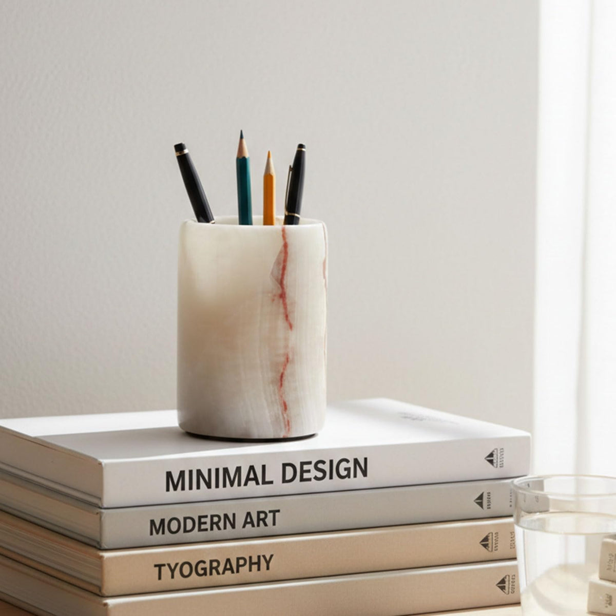 Radicaln Marble Pen Holder For Desk 4" Inches White Onyx Handmade Marker & Pen Holder for Desk