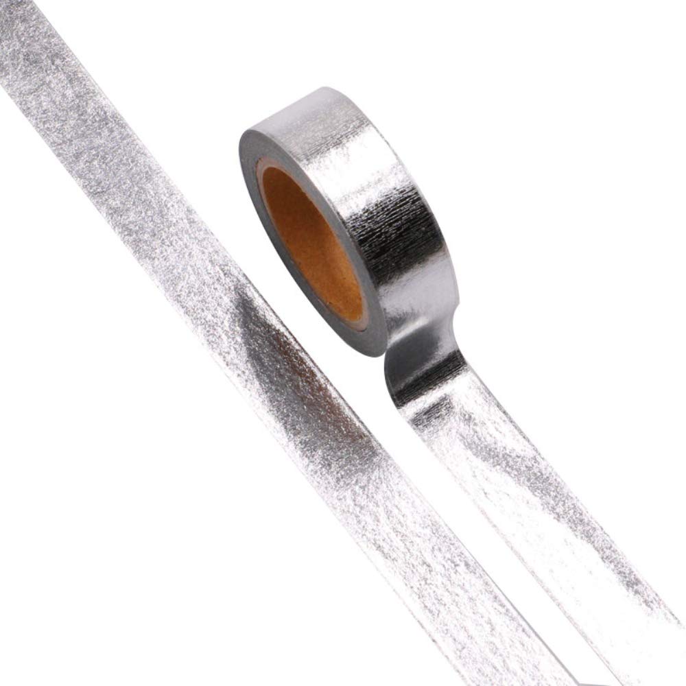 MEI YI TIAN 6 Rolls Solid Silver Foil Washi Tape Set 15mm Width 10m Length Glitter Paper Adhesive