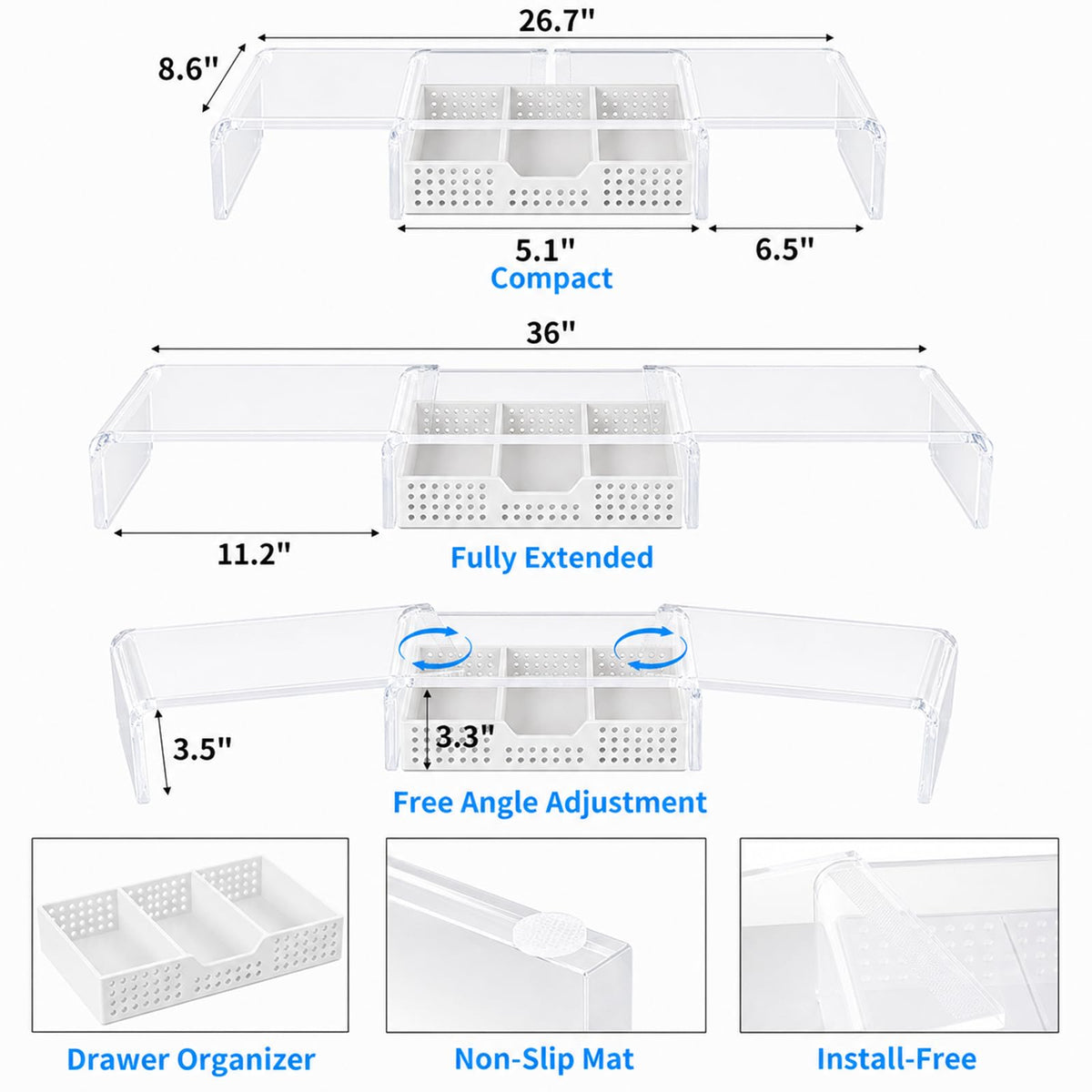 OPNICE Clear Acrylic Desk Organizers and Accessories, Dual Monitor Stand Riser with Drawer and 2