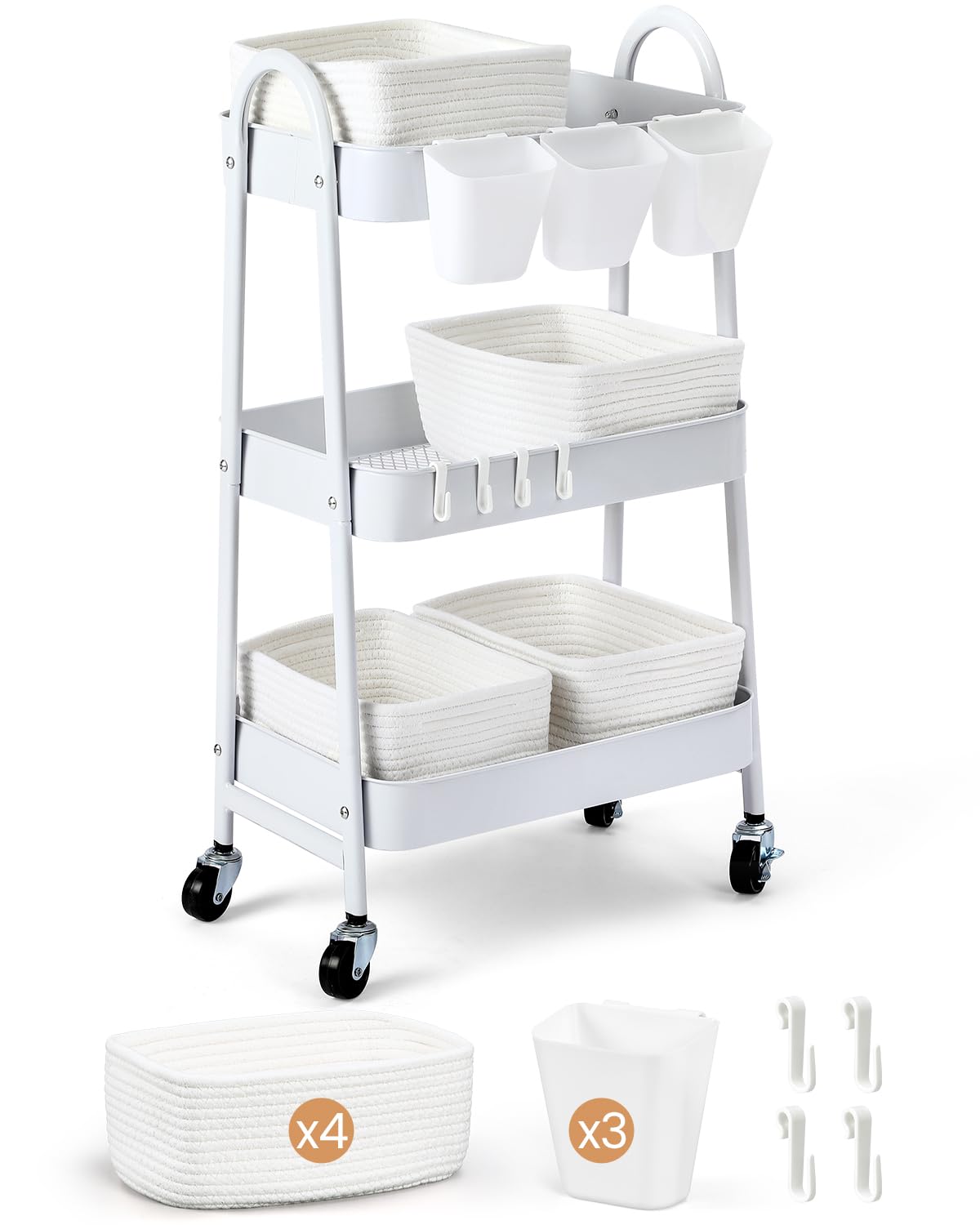 3-Tier Rolling Utility Cart with 4 Woven Baskets, Diaper Book Snack Cart, Storage Organizer for