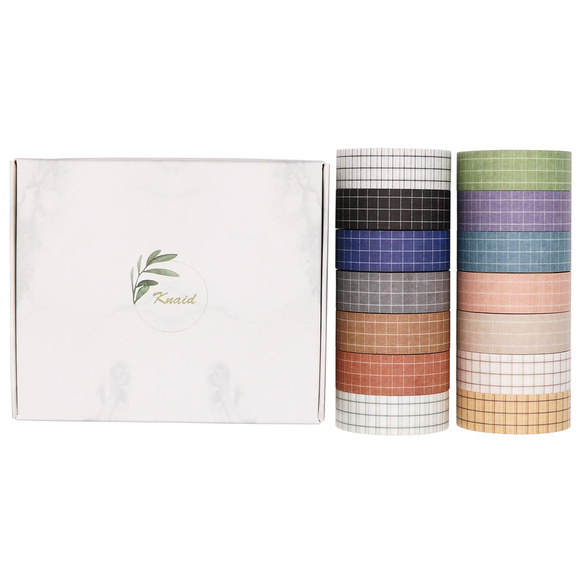 Knaid Grid Washi Tape Set, 14 Rolls of 15 mm Wide Decorative Colored Masking Tapes for