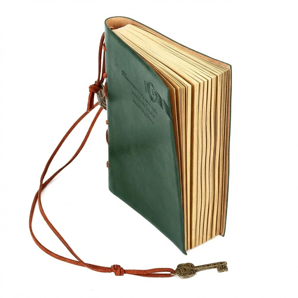 EvZ Classic Vintage Leather Writing Journal Notebook - Forest Green Retro Diary with Antique Key