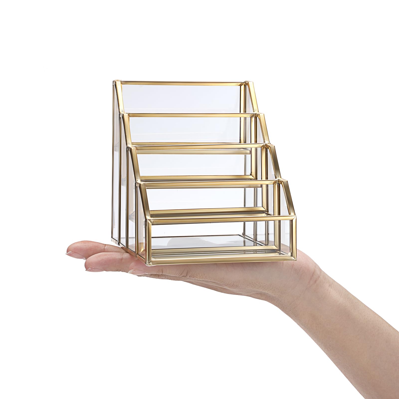 Hipiwe 4 Slots Glass Business Card Holder with Gold Metal Frame for Desktop