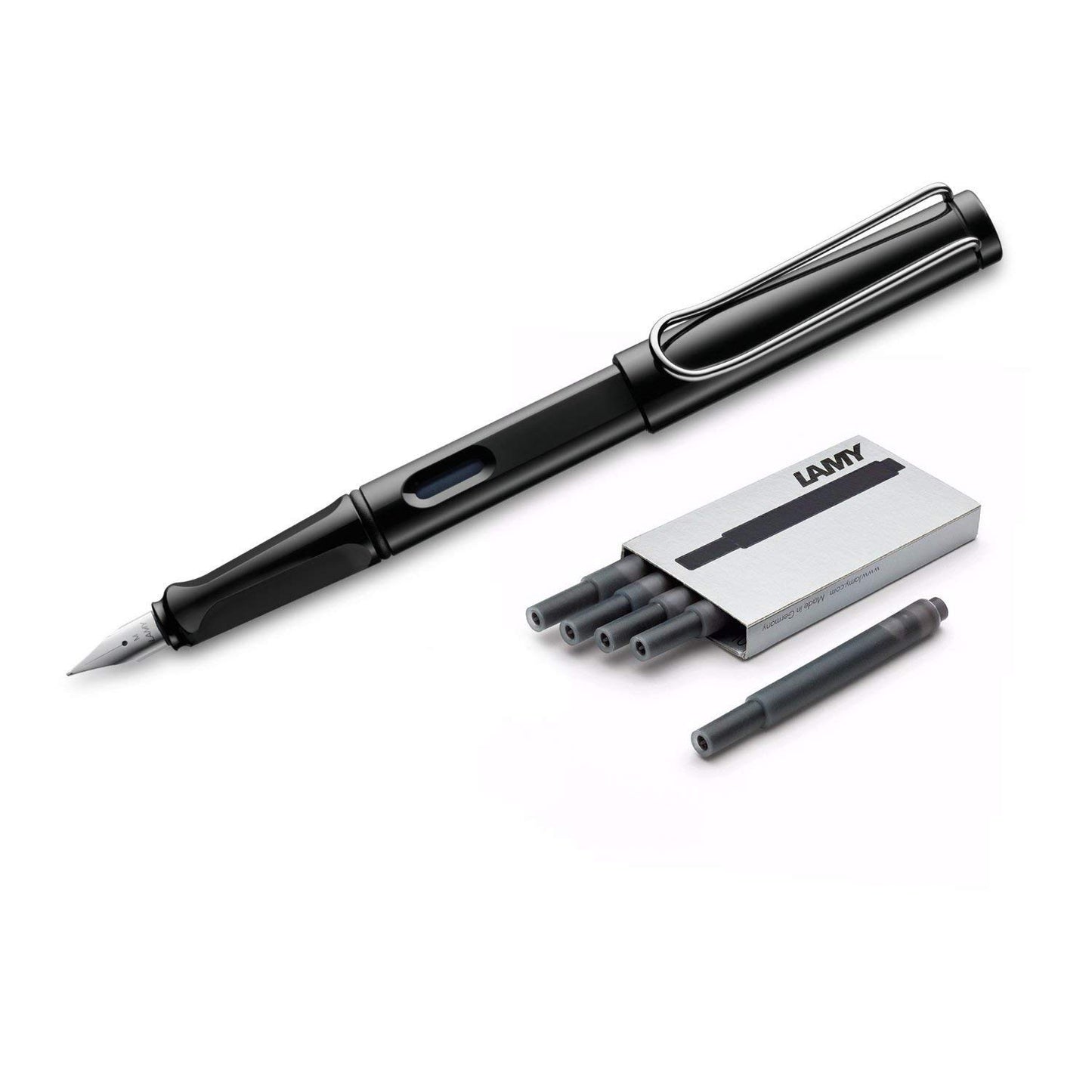 LAMY Safari Fountain Pen (19M) Black & 5 Black Ink Cartridges (LT10BK, L19BKM)