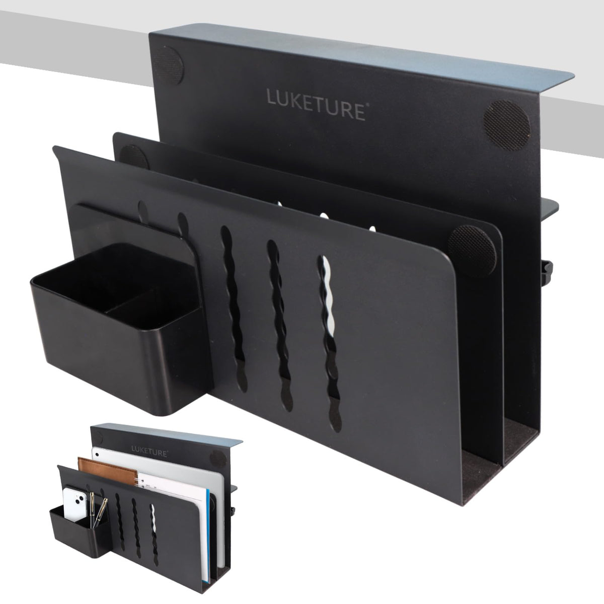 LUKETURE Desk Side Storage, 2 Tie Laptop Holder No Drill Clamp On Organizer