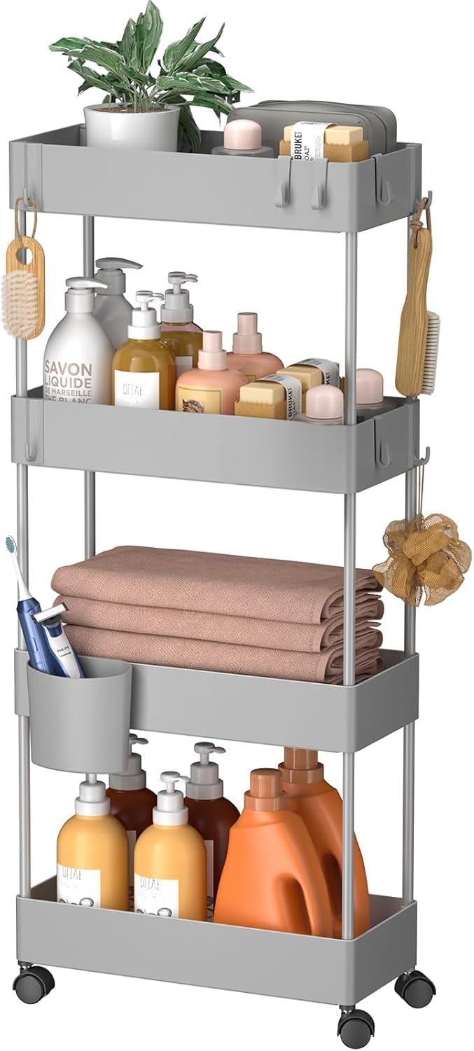 Pipishell 4 Tier Slim Storage Cart with Wheels, Laundry Cart, Gray