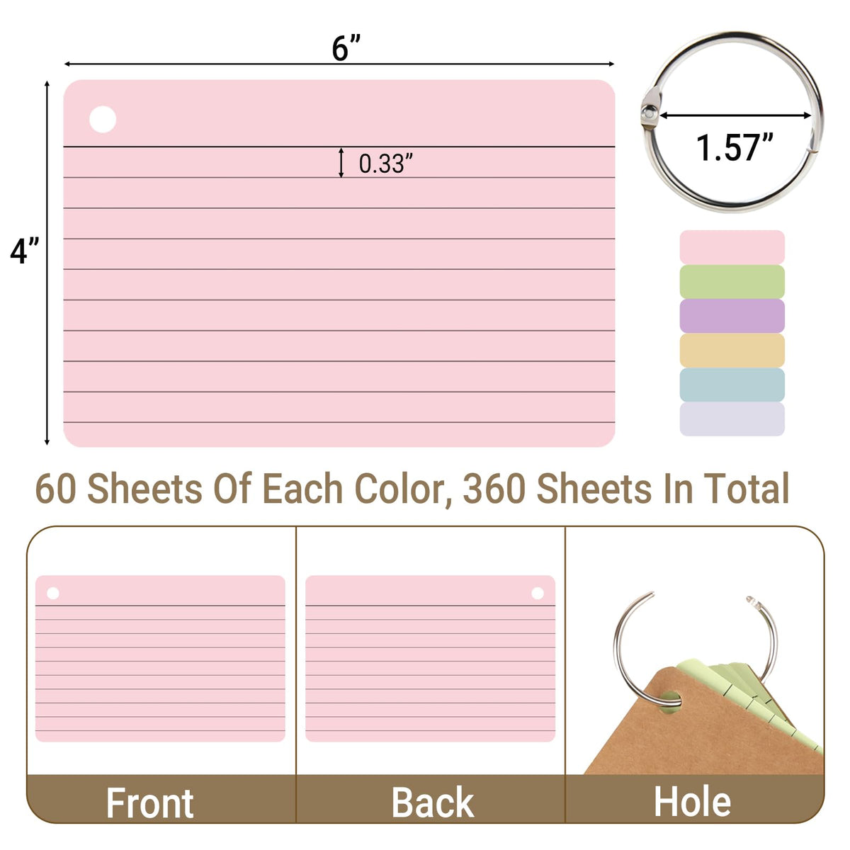 zmybcpack 6 Pack 360 Pcs 4x6 Inch Lined Index Cards, Flash Card with Rings