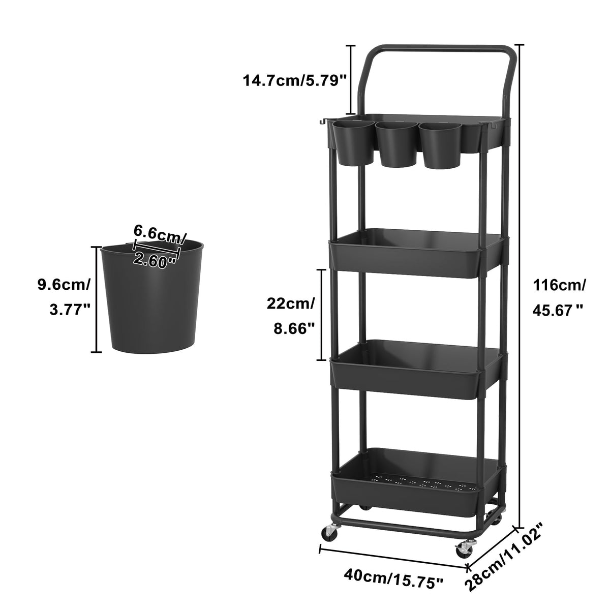 Buzowruil 4-Tier Rolling Utility Cart, Storage Cart with Handle Multi-Purpose and Locking