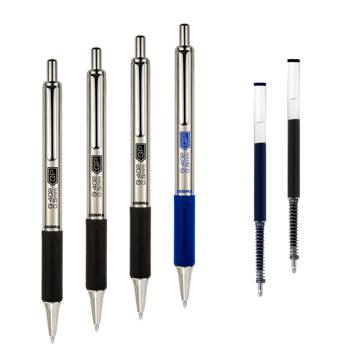 Zebra Pen STEEL G-402 Retractable Gel Pen, Black/Blue Ink, 0.5mm, 4-Pack