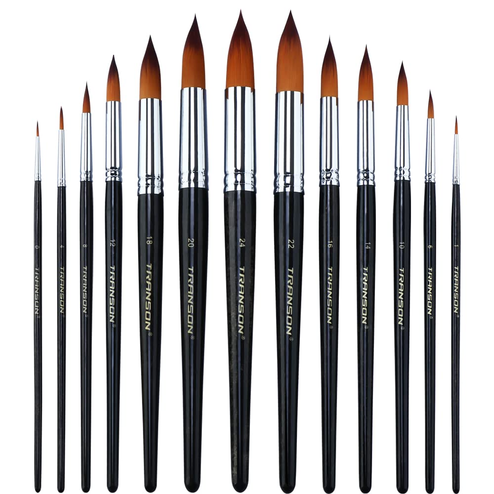 Transon 13pcs Round Paint Brush Set Synthetic Bristle Complete Round Brush Set for Watercolor