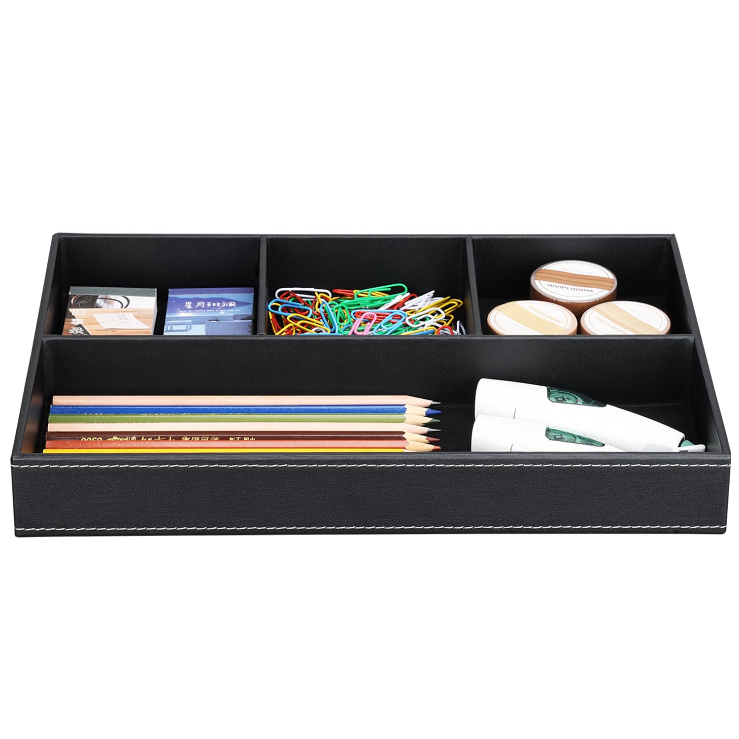 KINGFOM Pu Leather Desk Organizer Tray, 4 Compartment Office Storage Supplies Stationery Drawer