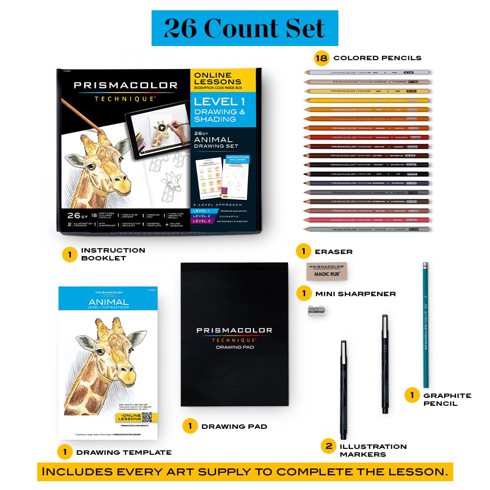 Prismacolor Technique Art Supplies with Digital Art Lessons, Animal Drawings Set Level 1, How to