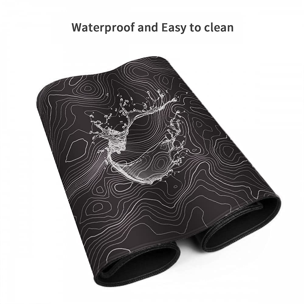 keepcute Black Topographic Desk Mat, Large Gaming Mouse Pad 35.4x15.7in