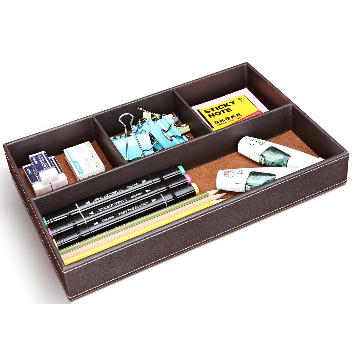 KINGFOM Pu Leather Desk Organizer Tray, 4 Compartment Office Storage Supplies Stationery Drawer