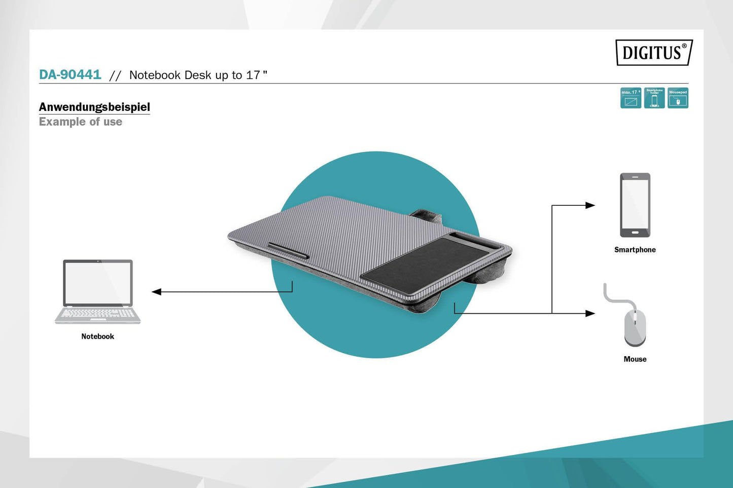 DIGITUS Notebook Desk/Workstation, 17 Inch, Mobile Phone Slot, Mouse Pad