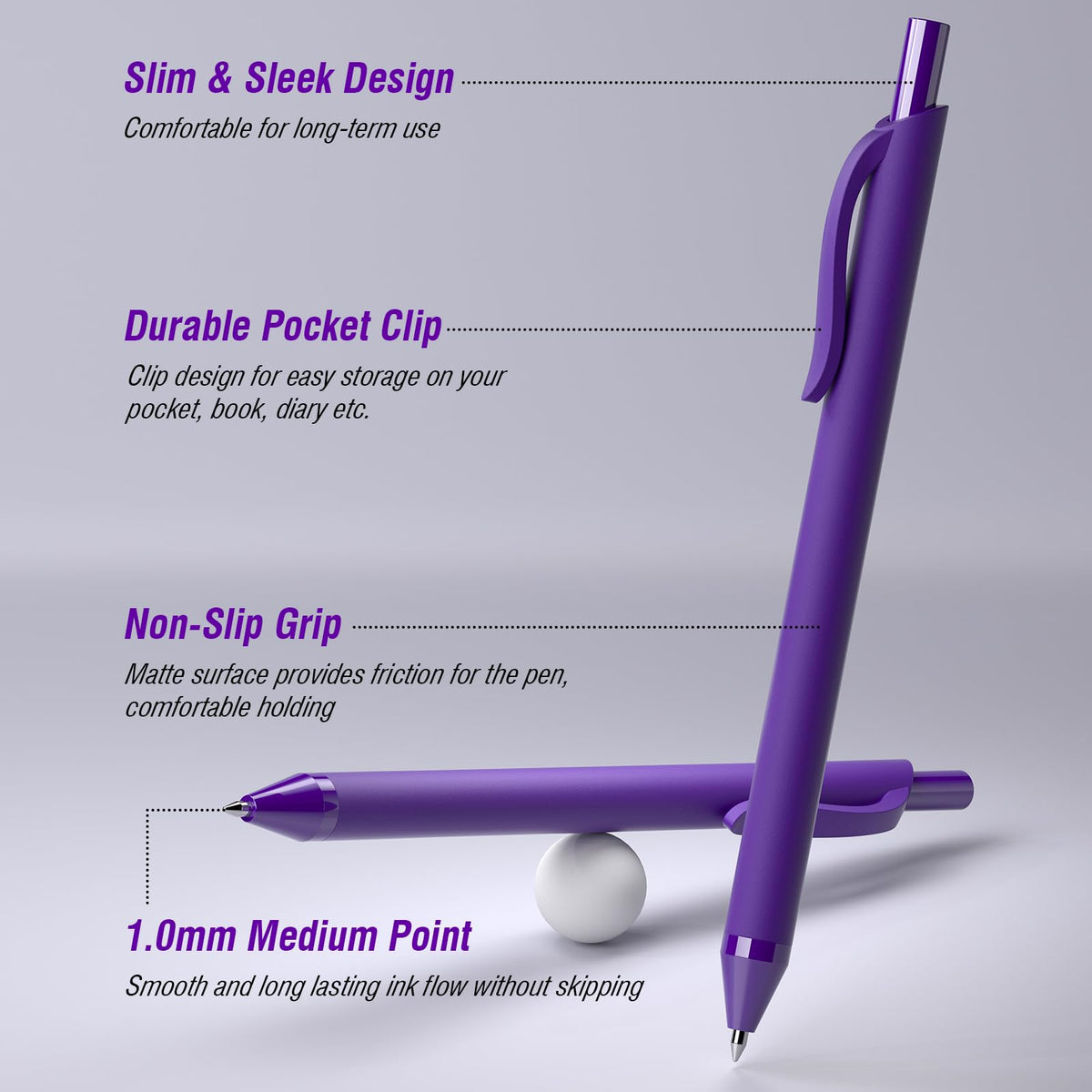 InkSlick Purple Pens Bulk 50 Pack 1.0mm Ballpoint Pen for Smooth Writing
