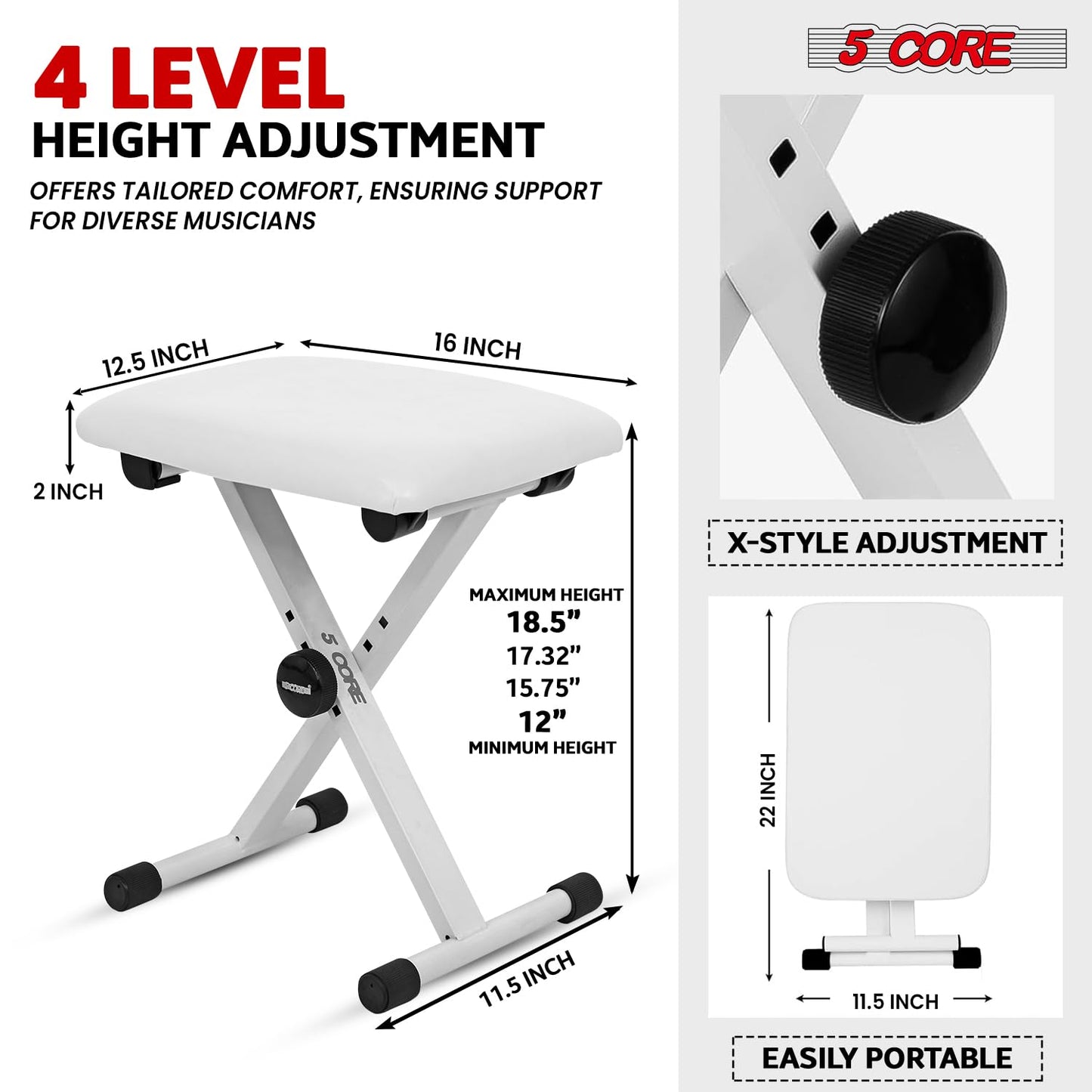 5 CORE Keyboard Bench X Style Padded Cushion Height Adjustable Piano Stool Seat Portable Keyboard