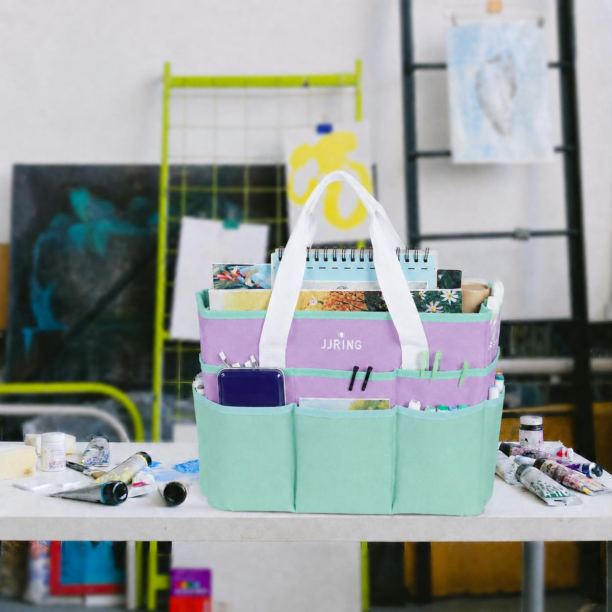 JJRING Craft Organizer Tote Bag Large Art Storage Caddy Green and Purple