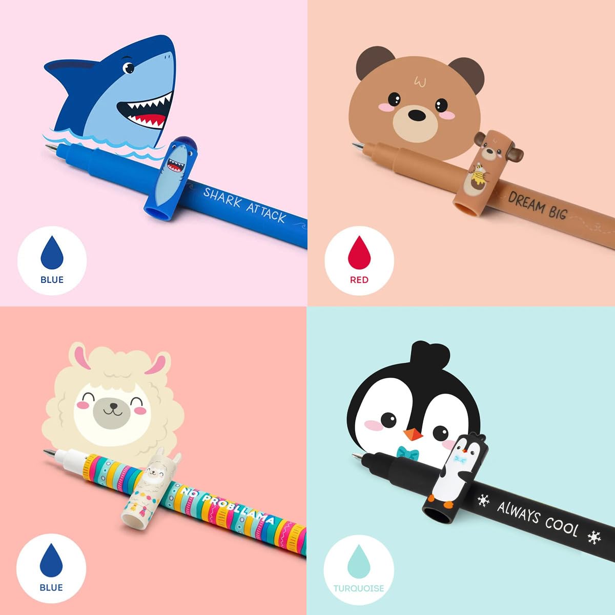 LEGAMI Set of 9 erasable gel pens with new monster pen set with shark, giraffe, bunny, panda