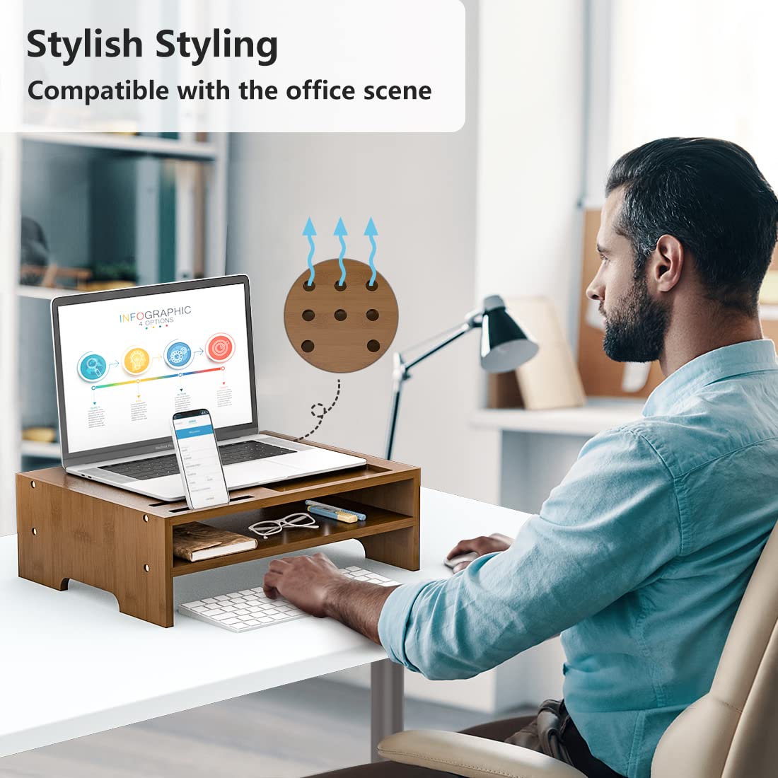 Bambloom Monitor Stand Riser with Storage Organizer Desktop with Cooling Holes Bamboo Laptop Riser
