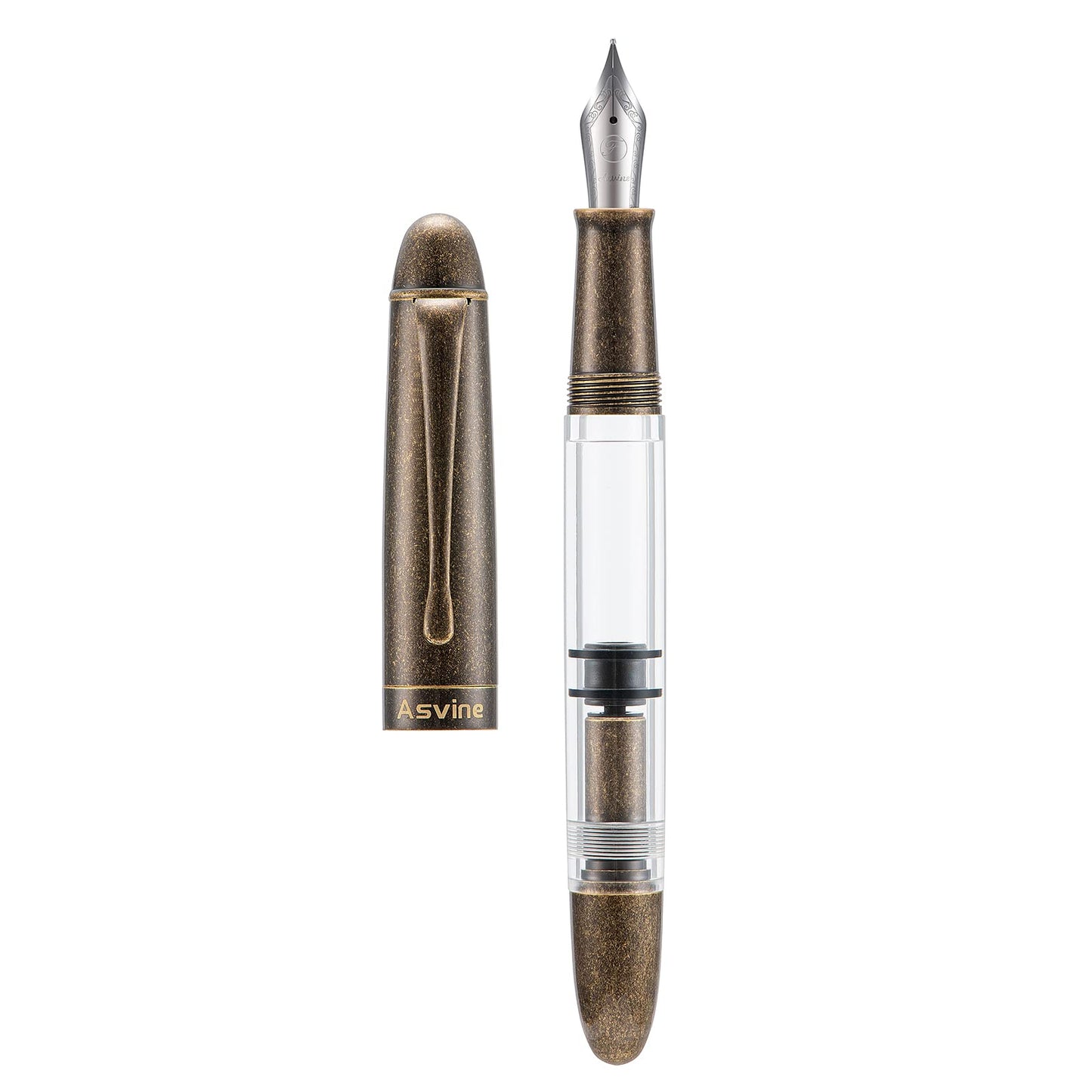 Asvine P30 Piston Fountain Pen Extra Fine, Retro Brass Style, Transparent Acrylic Large Ink