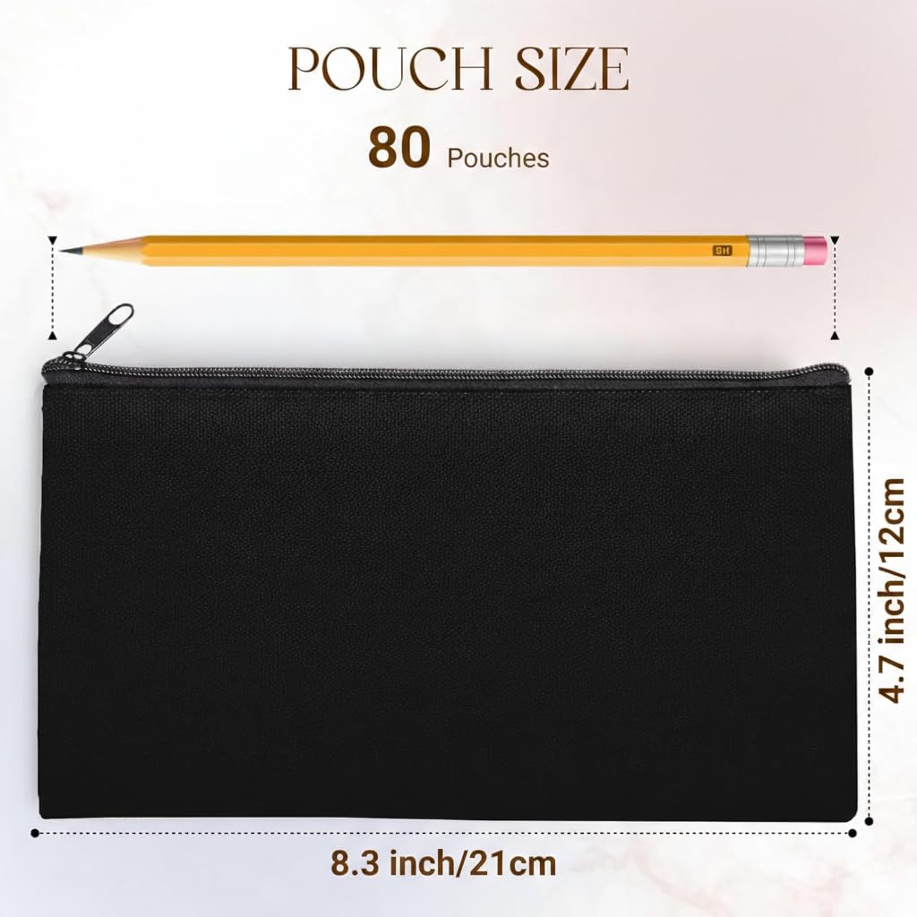 80pcs Black canvas Zipper Pouch Makeup Bags Bulk Pencil Case, Smooth Zipper