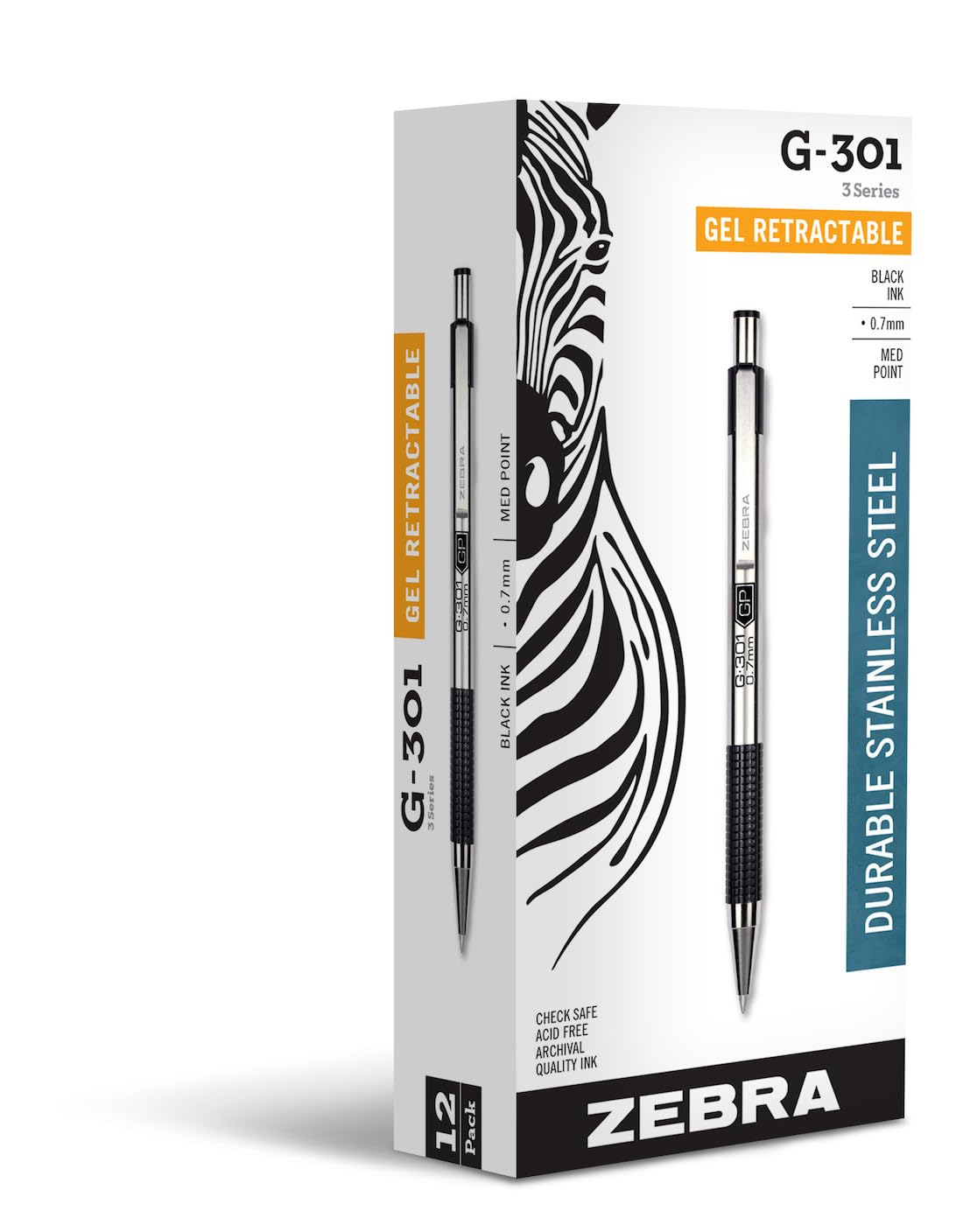 Zebra Pen STEEL G-301 Retractable Gel Pen, Black Ink, 0.7mm, 12-Pack
