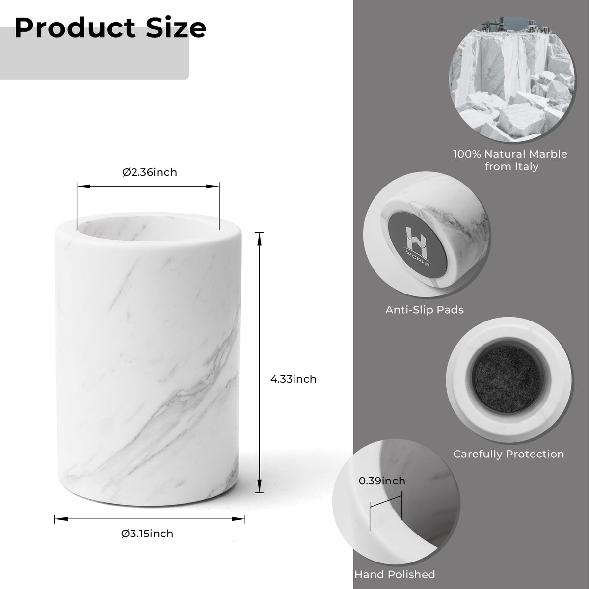 WORHE Natural Marble Pen Holder for Desk, Handcrafted Volakas Sturdy Desk Organizer for Office