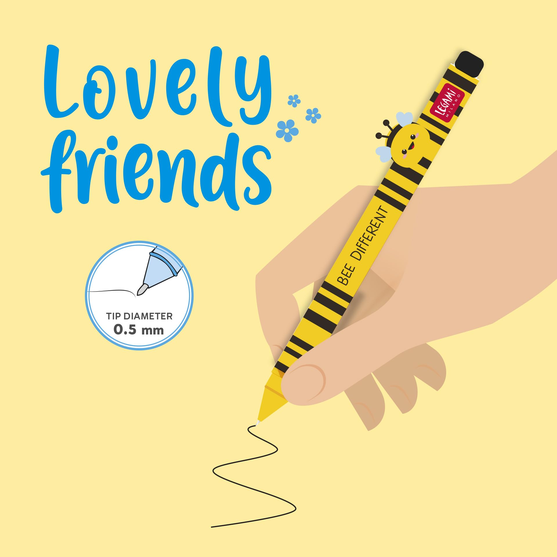 Legami - Gel Pen with Decorative Animal - Lovely Friends, Bee Theme, Avoid Rolling, Black Ink